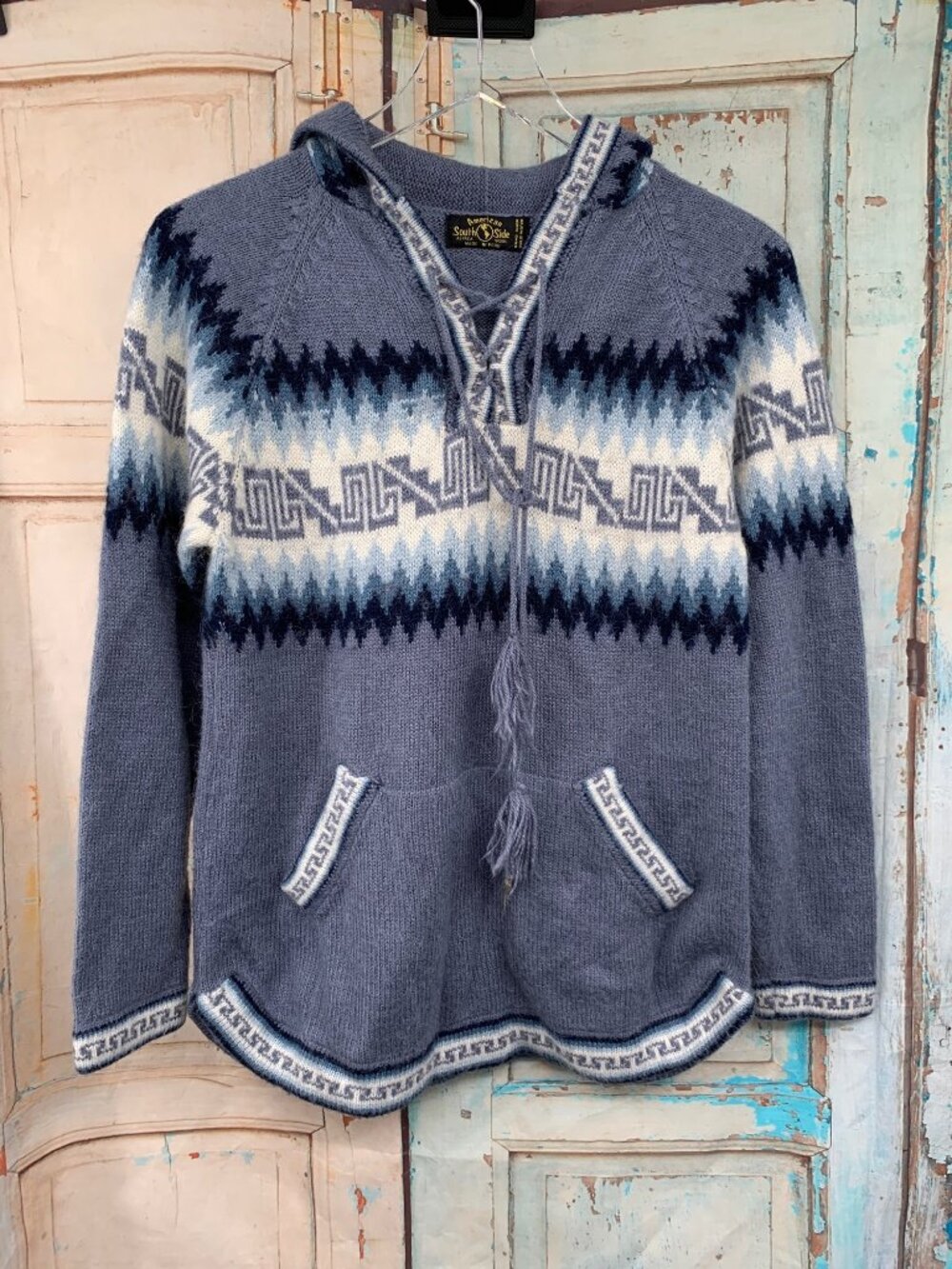 American South Side Unisex Large Alpaca Wool Pullover Hoodie Geometric  Blue & W